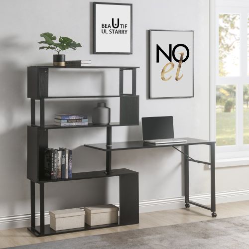 Home Office Computer Desk L-Shaped Corner Table, Rotating Computer Table with 5-Tier Bookshelf, Four Installation Methods, Lockable Casters (Black) Home Office Computer Desk L-Shaped Corner Table, Rotating Computer Table with 5-Tier Bookshelf, Four Installation Methods, Lockable Casters (Black)